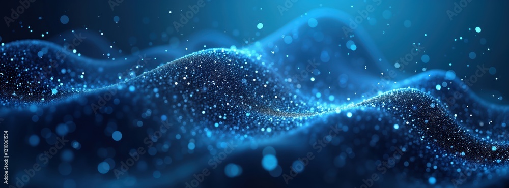 Poster abstract dynamic blue particles wave background displays glowing light effect. dynamic mesh design e