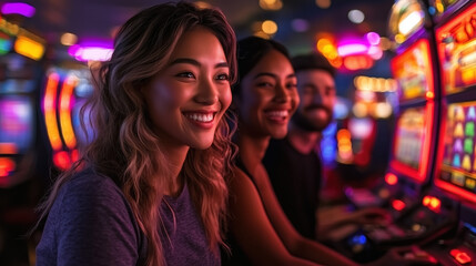 A diverse group of friends enjoying arcade games in retro-themed arcade casino, smiling and having fun, with neon lights and arcade machines in the background. casino arcade game concept