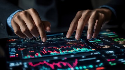 Naklejka premium Stock market trading concept with businessman touching digital screen with glowimg financial graphs and diagram. Double exposure