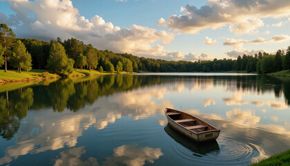 Serene lake with wooden boat under cloudy sky