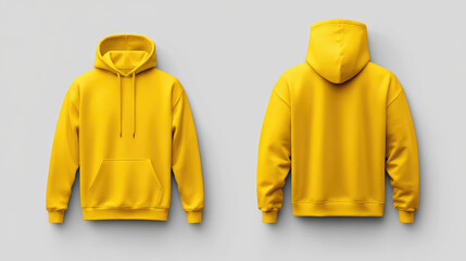 front view and rear view Bright yellow hoodie displayed from front and back on minimal gray background. hoodie jacket mockup