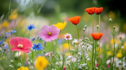Fototapeta premium Vibrant wildflower garden in spring sunshine with diverse blooms and lively colors