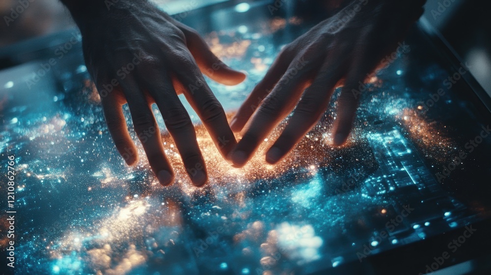 Poster hands touching holographic futuristic interface generating big data visualization with a network of 