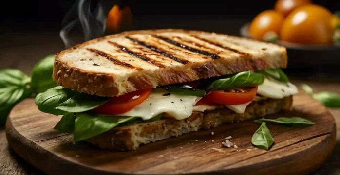 Gourmet panini sandwich on a wooden board, filled with grilled vegetables, mozzarella cheese, and fresh basil, warm lighting, melted cheese oozing