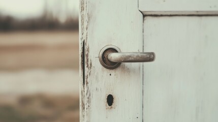 Close-up of a weathered white door with a metal handle, slightly ajar, showing a blurred rural background.