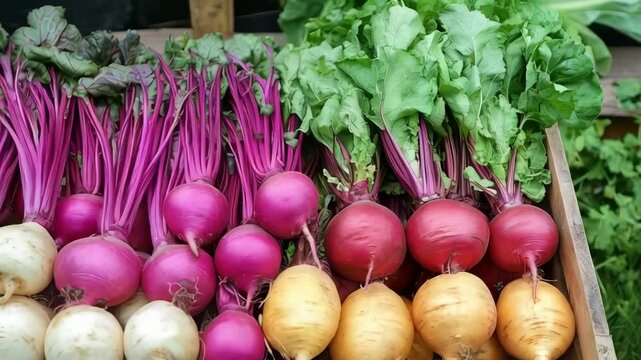 Fresh harvest: vibrant beets and turnips displayed in natural light