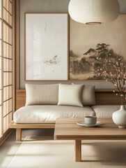 Japanese modern living room in earthy Morandi tones. Modern minimalist interior. Background with contemporary design. Modern interior design. 3D render, generative ai.