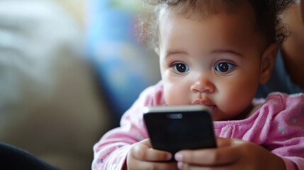 Cute adorable infant baby daughter learning using modern cell phone technology with mom working at home. Young caucasian mother holding smartphone and little mixed race african child daughter.