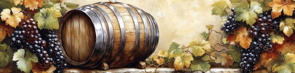 Rustic Wooden Barrel with Lush Grapes and Autumn Leaves in a Vineyard Setting - Perfect for Wine Harvest and Seasonal Decor Inspiration