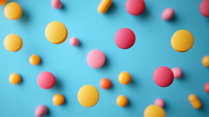 Abstract color pills on blue background. Medicine and illness concept. 3D Rendering