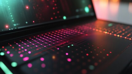 Futuristic laptop with glowing keyboard and screen displaying data.