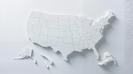 White 3D map of United States with states and territories