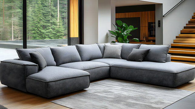 Modern Gray Sectional Sofa in Spacious Living Room with Large Windows