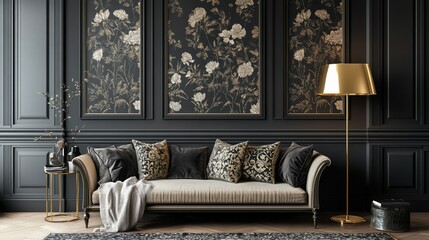 Grey lounge with patterned cushion in real photo of dark living room interior with floral...