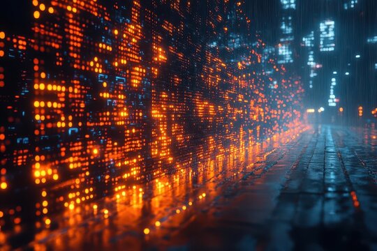 crystalline matrix of digital code fragments forming a translucent 3d architecture illuminated by neon energy pulses