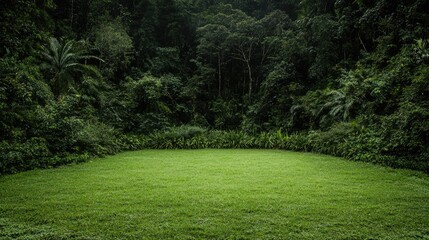 Obraz premium Lush green clearing in rainforest; background foliage, nature scene, website banner