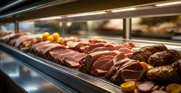 A clean and inviting deli counter with various sliced meats like turkey, ham, and roast beef, displayed under warm, professional lighting, emphasizing freshness and safety