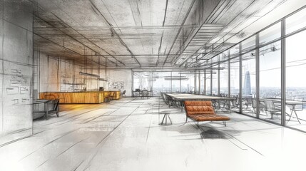 Sketch of creative coworking office interior with bright city view and concrete flooring. Design, repairs, refurbishment and workplace style concept. 3D Rendering