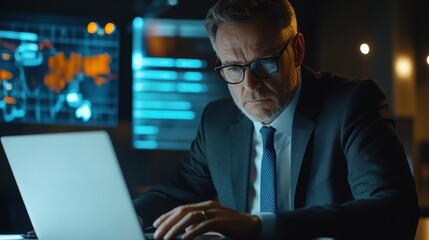 Focused busy mature business man lawyer ceo trader using computer, typing, working in modern office room doing online data market analysis, thinking planning tech strategy looking at laptop.