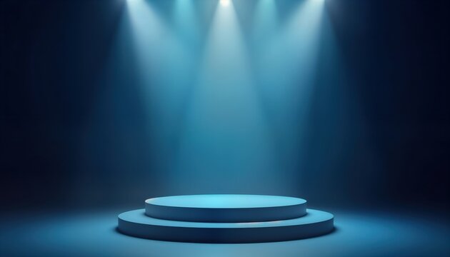 Empty podium illuminated by spotlights. Business photo opportunity. Pro image for success, achievement concepts. Suitable for business, corporate themes. Modern image for promotion, events. Suitable