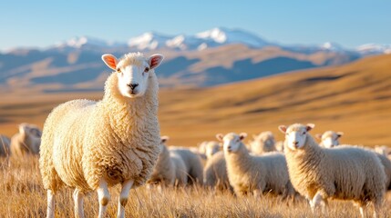 Fototapeta premium Sheep flock grazing mountain pasture, scenic background. Use Agriculture, nature