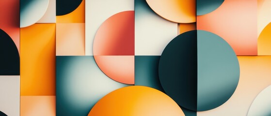 Obraz premium Colorful geometric shapes create an abstract design with circular and rectangular patterns in blue, orange, and black tones