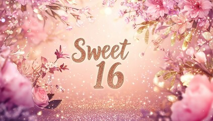Decorative pink background with flowers and glitter for a Sweet 16 celebration.