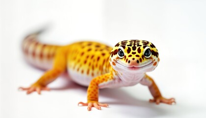 Obraz premium Leopard gecko reptile isolated on white background. Cute lizard looks directly at camera. Small animal with yellow, brown patterns. Pet wildlife photo. Close up view of animal. Ideal for pet stores,