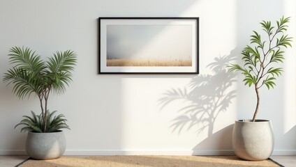 An elegant black-framed picture adorns a pristine white wall, flanked by lush greenery&mdash;a stately Sago Palm on the left and its vibrant counterpart on the right