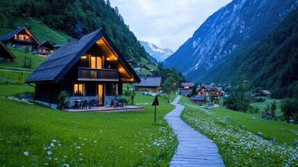 Alpine village evening, chalet, pathway, mountains, peaceful scene, tourism