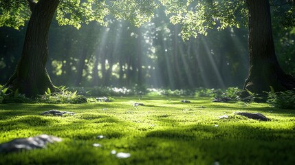 Obraz premium Sunlight streams through forest floor