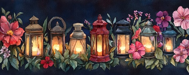 Naklejka premium Series watercolor vignettes depicting various types vintage lanterns lit amongst night-blooming flowers.