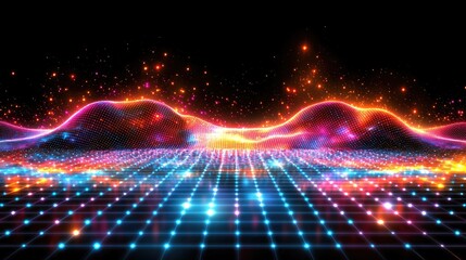 Obraz premium Futuristic Holographic Neon Grid with Vibrant 80s Style and Glowing Rainbow Light Effects