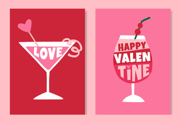 Happy Valentines day greeting cards, invitations. Cocktail drinks glasses with lettering text isolated on pink red background. Birthday, wedding party celebration. Poster design, vector illustration