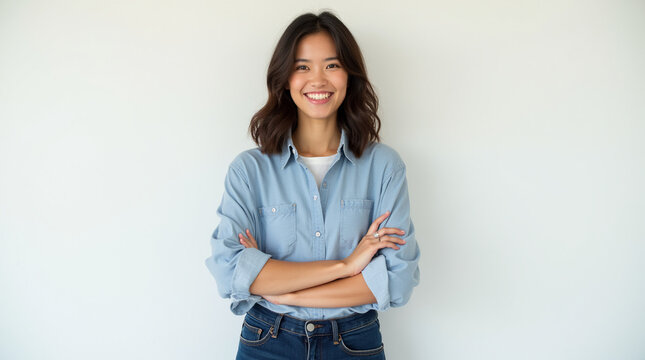 Woman with brown hair with arms crossed and a friendly smile on her face