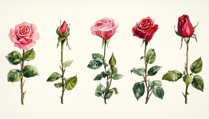 Series watercolor paintings depicting the phases a blooming rose, rendered in a classic