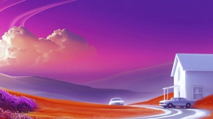 Surreal landscape with vintage cars and white house under dramatic sunset sky