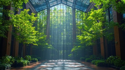 Sunlit Courtyard Pathway with Lush Greenery