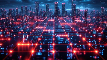Obraz premium Futuristic Holographic Neon Grid with Vibrant 80s Style and Glowing Rainbow Light Effects