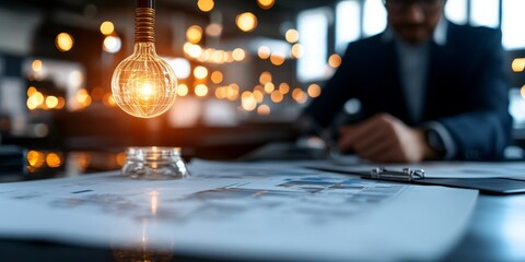 Fototapeta premium Bright ideas illuminate the workspace as a professional reviews designs during evening hours