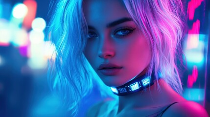Fototapeta premium A cyberpunk woman with glowing accessories in a neon-lit urban environment.