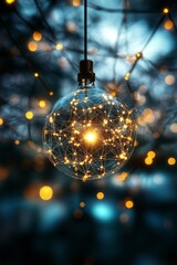 Light bulb adorned with glowing filaments illuminates an enchanting evening atmosphere
