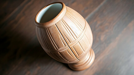 Close-up of an intricately carved wooden vase on a dark brown wooden surface.