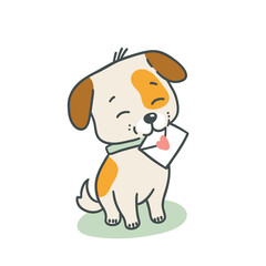 cute kawaii dog holding love letter with happy expression, vector naive style on white background
