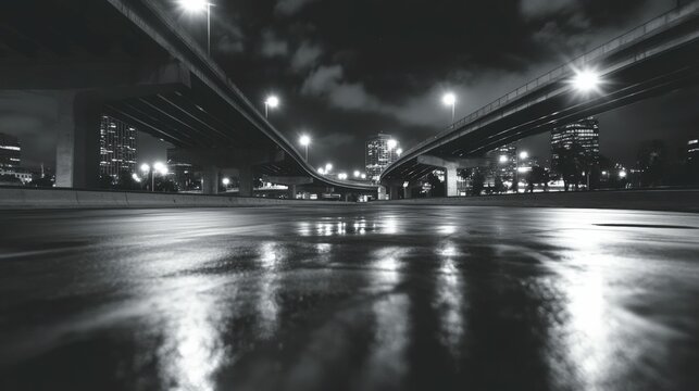 Fototapeta Dramatic city skyline at night with wide angle view of urban highway interchange