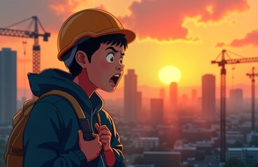 Obraz premium Excited Asian boy sits on father shoulders. Cityscape with construction cranes, high buildings forms background. Sunset casts warm tones. Father, son bonding in construction. Picture represents