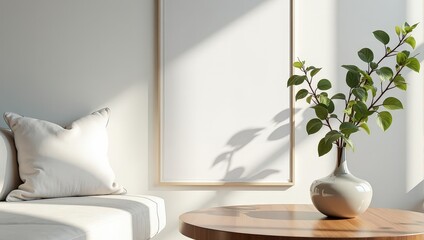 Elevated perspective captures a richly-hued brown vase cradling verdant foliage, perched elegantly on a polished wooden round table against a pristine white backdrop