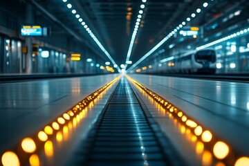 Urban train station platform illuminated by bright lights during late evening hours