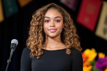 A young woman stands proudly on stage receiving a community recognition award during a Women’s Day event, surrounded by colorful flowers and celebratory banners