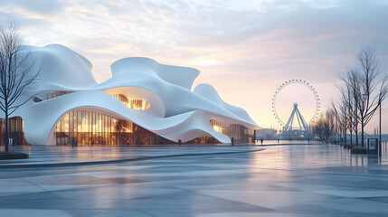 Obraz premium Futuristic Wave-Shaped Building at Dawn with Ferris Wheel in Background